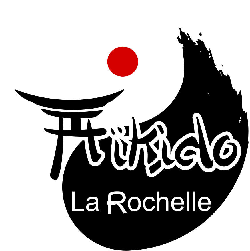 Logo du Club d'Aïkido La Rochelle. Le logo s'inscrit dans un yin-yang et est décliné en noir sur fond de drapeau japonnais.